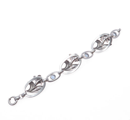 CARL ART 925 Sterling Silver Antique Art Deco Opalite Flower Bracelet 7"