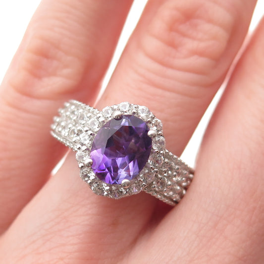 CHUCK CLEMENCY 925 Sterling Silver Real Amethyst & White Topaz Ring Size 6