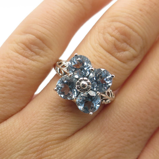 925 Sterling Silver Vintage Real Round-Cut Blue Topaz Floral Ring Size 6.25