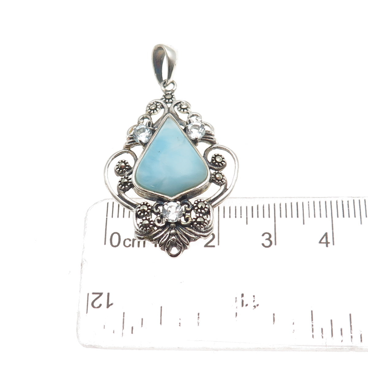 925 Sterling Silver Real Larimar Light Blue Topaz & Marcasite Floral Pendant