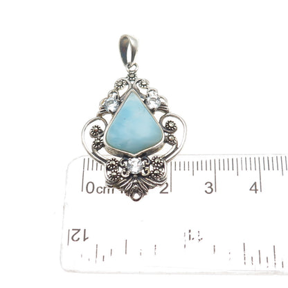 925 Sterling Silver Real Larimar Light Blue Topaz & Marcasite Floral Pendant