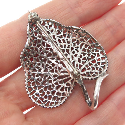 925 Sterling Silver Vintage Ornate Floral Leaf Oxidized Pin Brooch