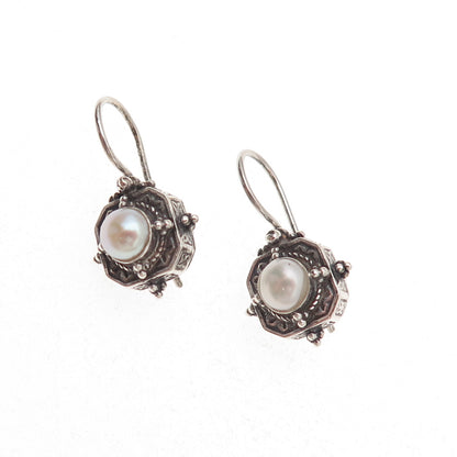 Gerochristo Sterling Silver Vintage Greece Real Pearl Oxidized Dangle Earrings
