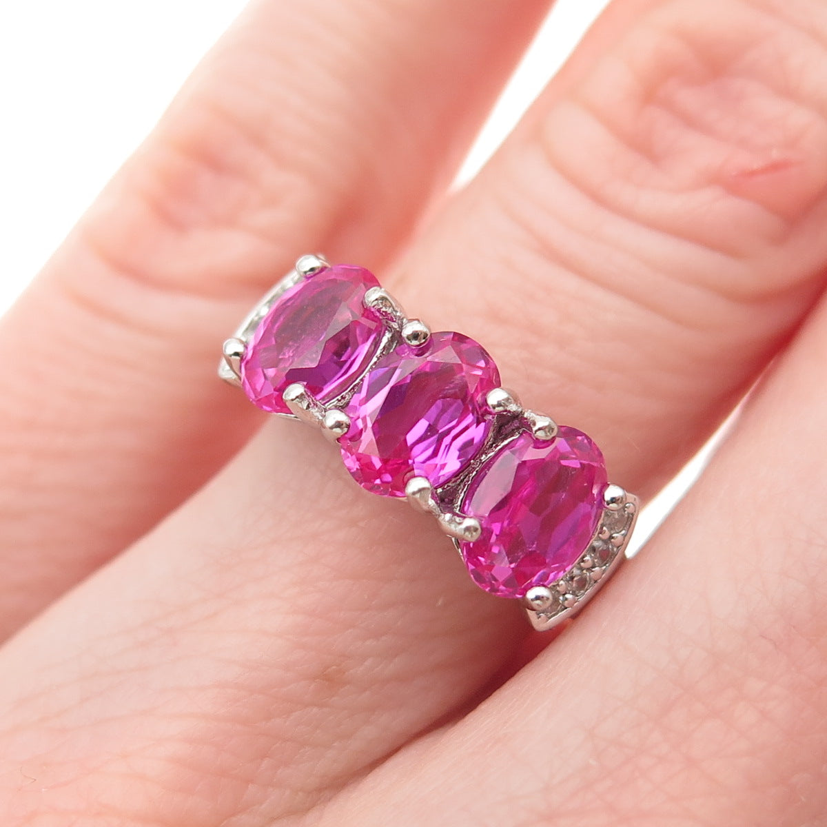 925 Sterling Silver Real White Topaz & Lab-Created Ruby Ring Size 6