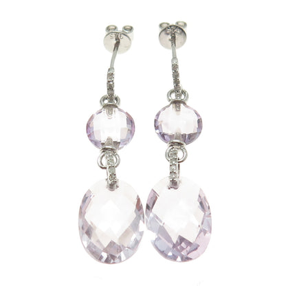 925 Sterling Silver Real White Diamond & Amethyst Gemstone Dangle Earrings