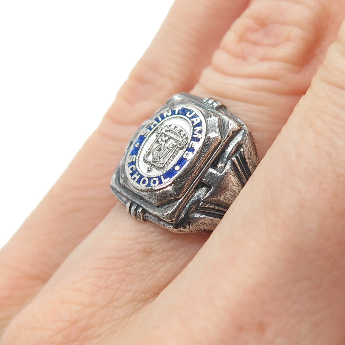SK & F 925 Sterling Silver Antique Enamel St. James School Oxidized Ring Size 4