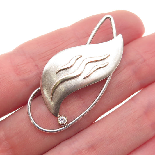 925 Sterling Silver 2-Tone Vintage Round-Cut C Z Modernist Floral Pin Brooch