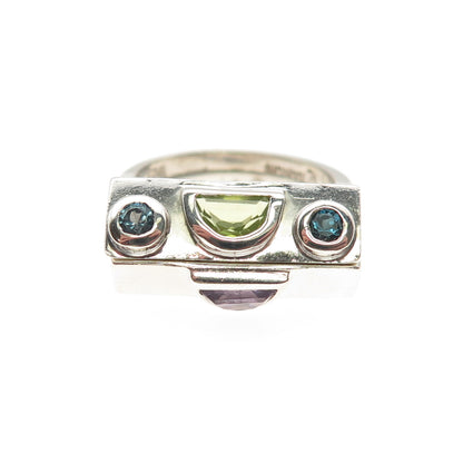 Elyse Fradkin 925 Sterling Vintage Amethyst London Topaz & Peridot Ring Size 6.5