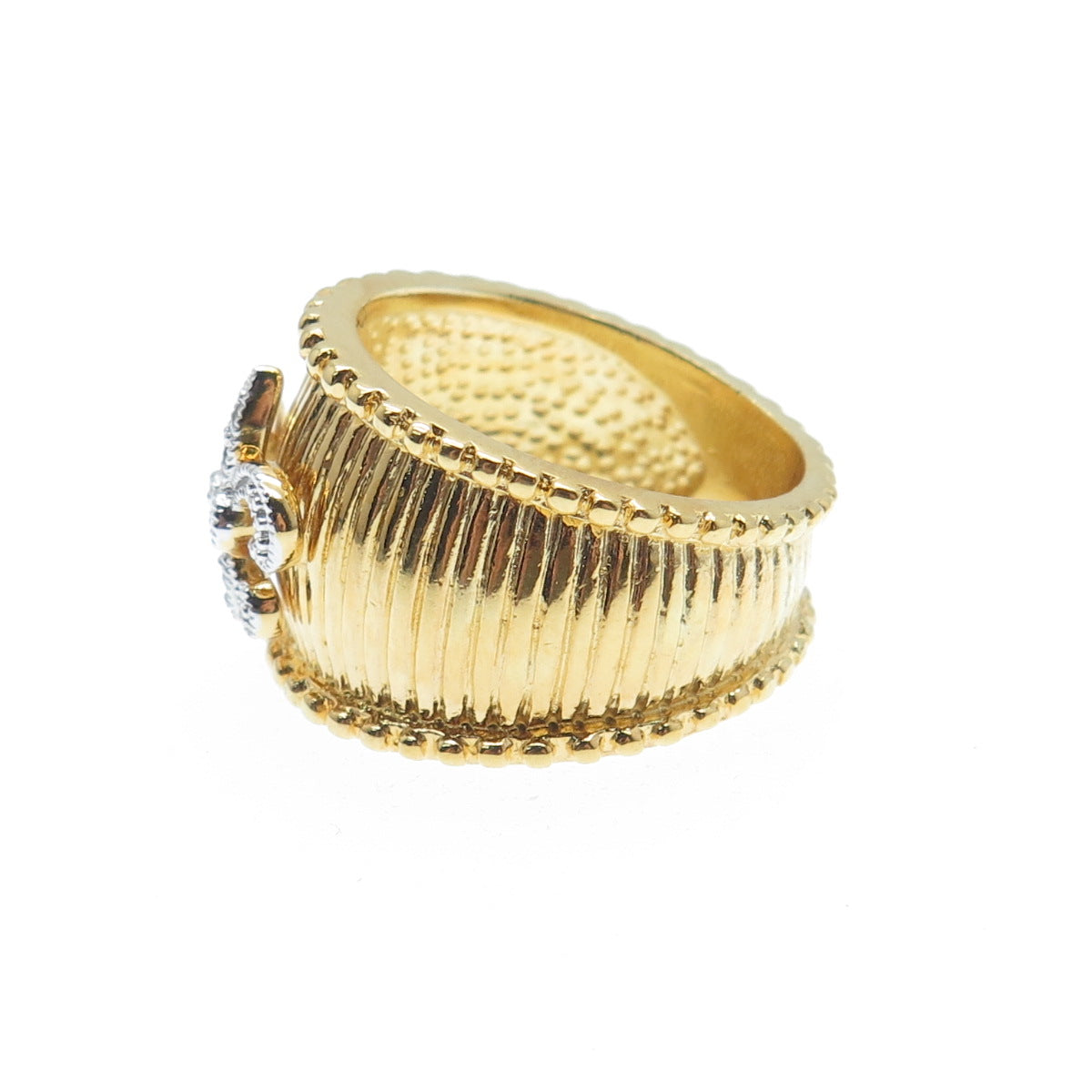 925 Sterling Silver Gold Plated Round-Cut Shaped C Z Fleur-de-Lis Ring Size 7.25