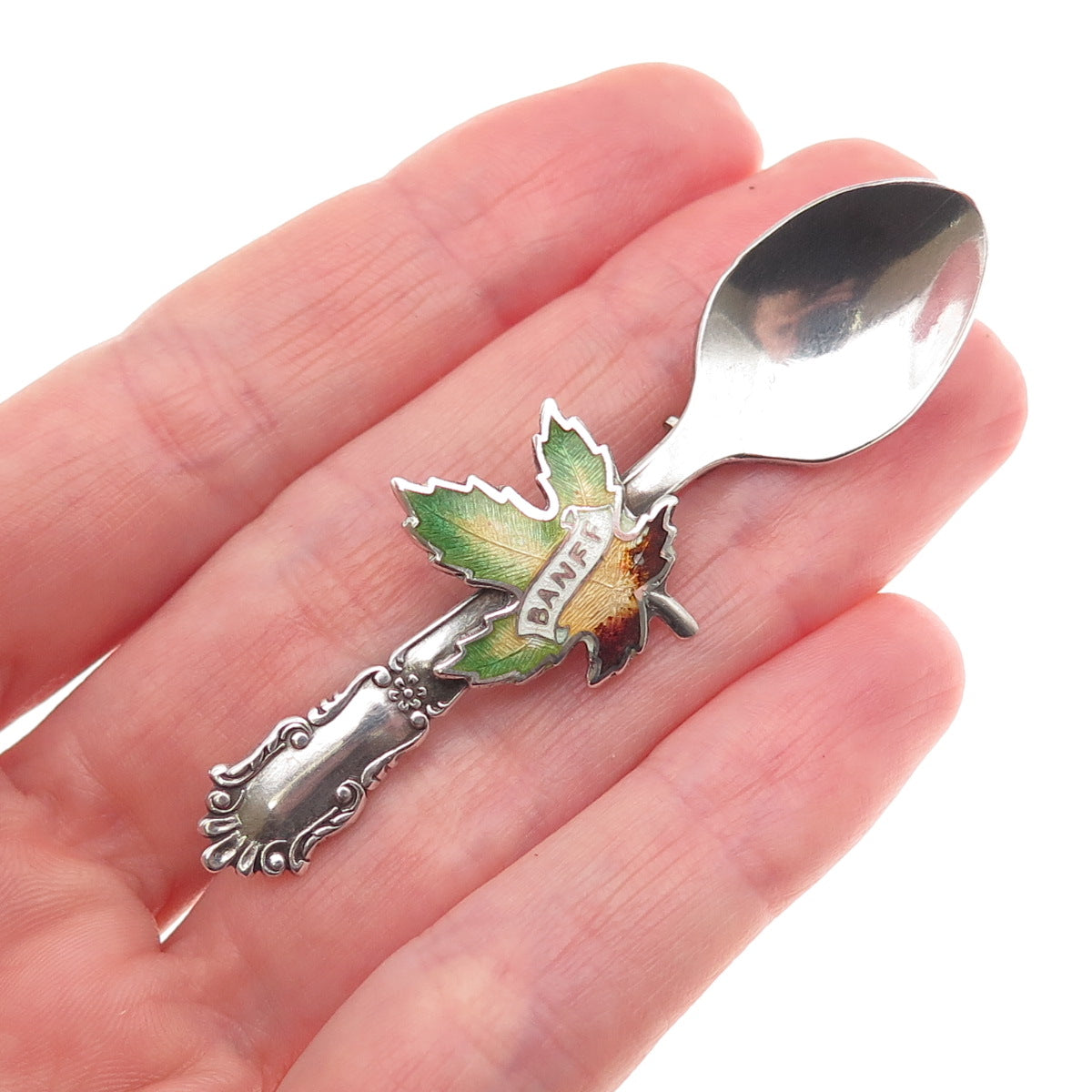 Breadner Co. 925 Sterling Antique Art Deco Enamel Banff Maple Leaf Spoon Brooch