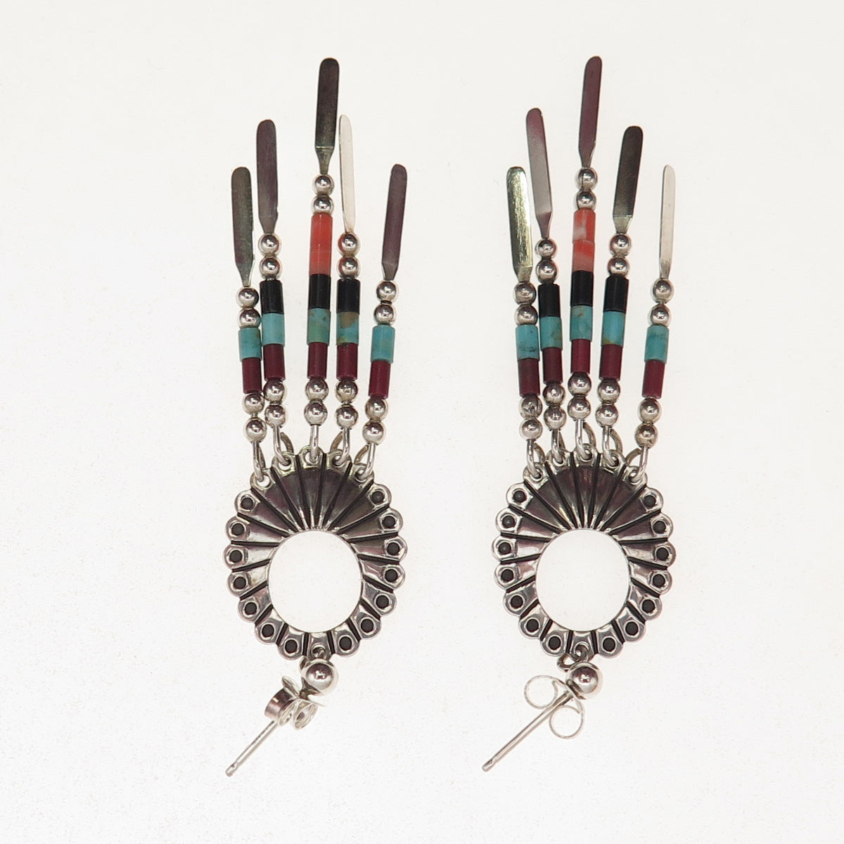 Quoc Turquoise Old Pawn Sterling Silver Vintage Southwestern Multi-Gem Earrings