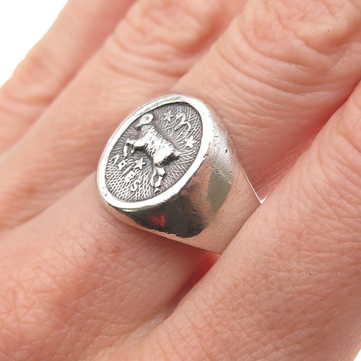 925 Sterling Silver Vintage Mexico Aries Zodiac Sign Oxidized Ring Size 10.75