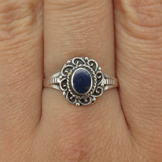 925 Sterling Silver Vintage Real Lapis Lazuli Floral Oxidized Ring Size 9.25