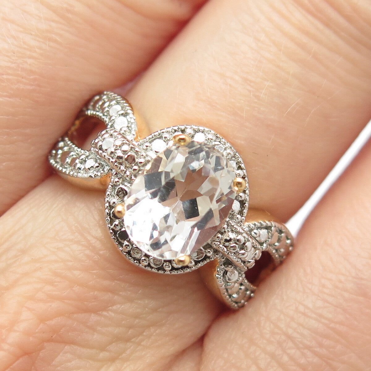 925 Sterling Silver Gold Plated DBJ Real Light Blue Topaz Gem Oval Ring Size 7