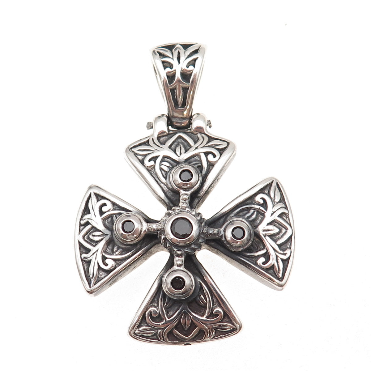 925 Sterling Silver Vintage Real Black Spinel Maltese Cross Oxidized Pendant
