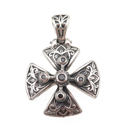 925 Sterling Silver Vintage Real Black Spinel Maltese Cross Oxidized Pendant