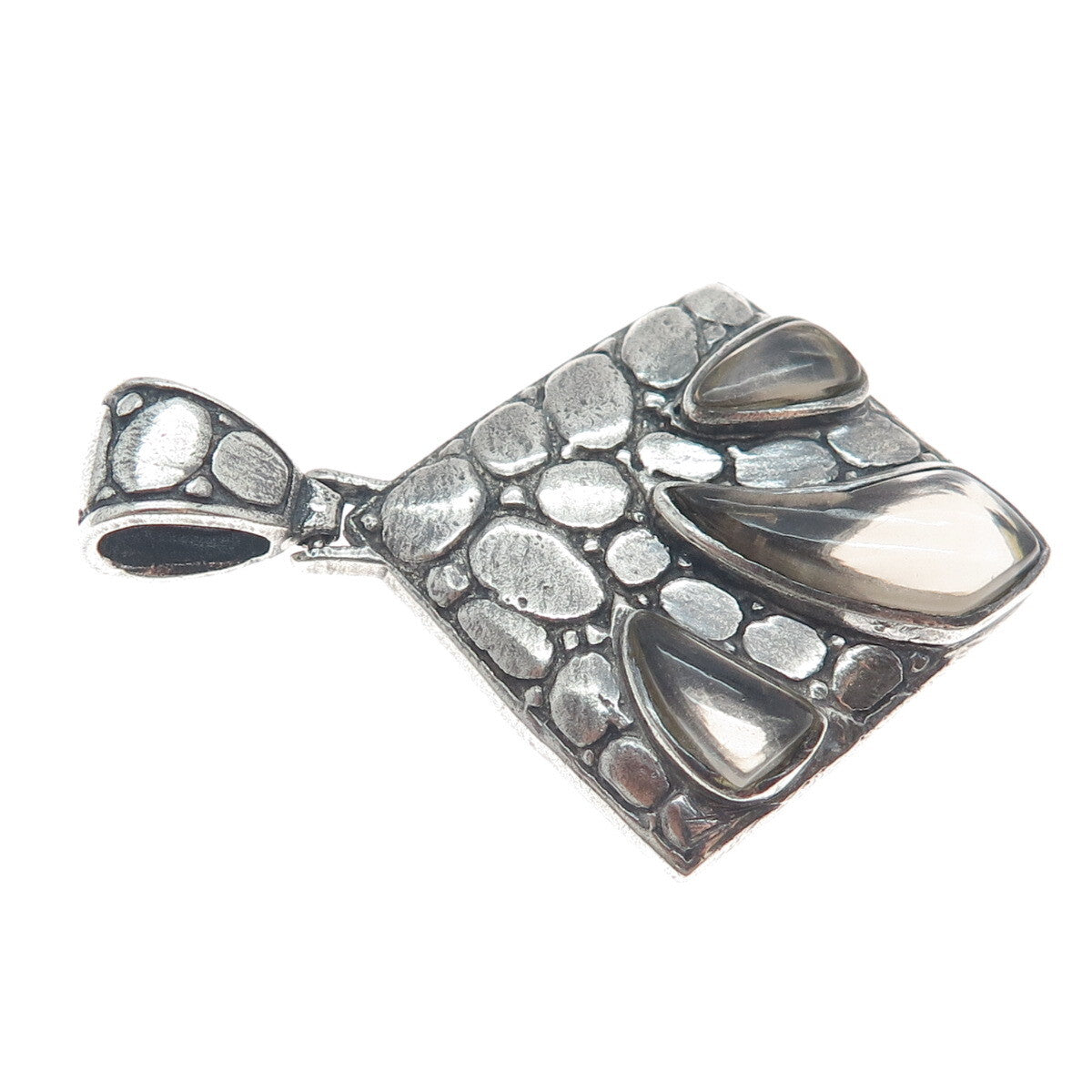 925 Sterling Silver Vintage Real Smoky Quartz Pebble Modernist Oxidized Pendant