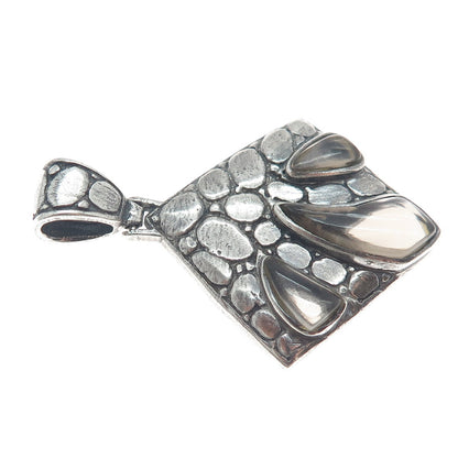 925 Sterling Silver Vintage Real Smoky Quartz Pebble Modernist Oxidized Pendant