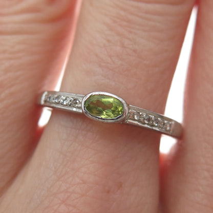 925 Sterling Silver Real Round-Cut Diamond & Oval-Cut Peridot Ring Size 8