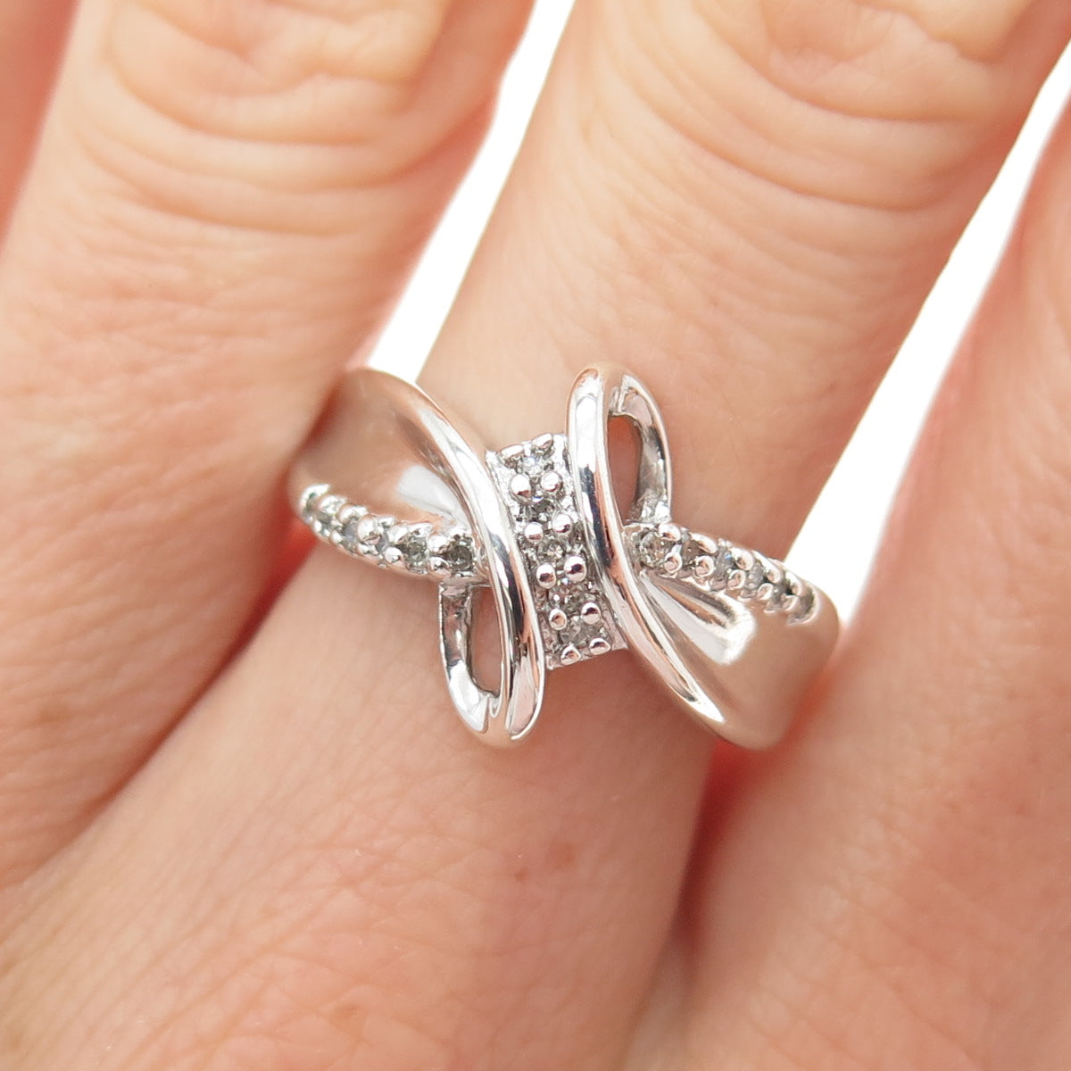 SUN 925 Sterling Silver Real Round-Cut Diamond Bypass Ring Size 7