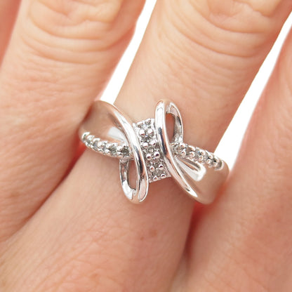 SUN 925 Sterling Silver Real Round-Cut Diamond Bypass Ring Size 7