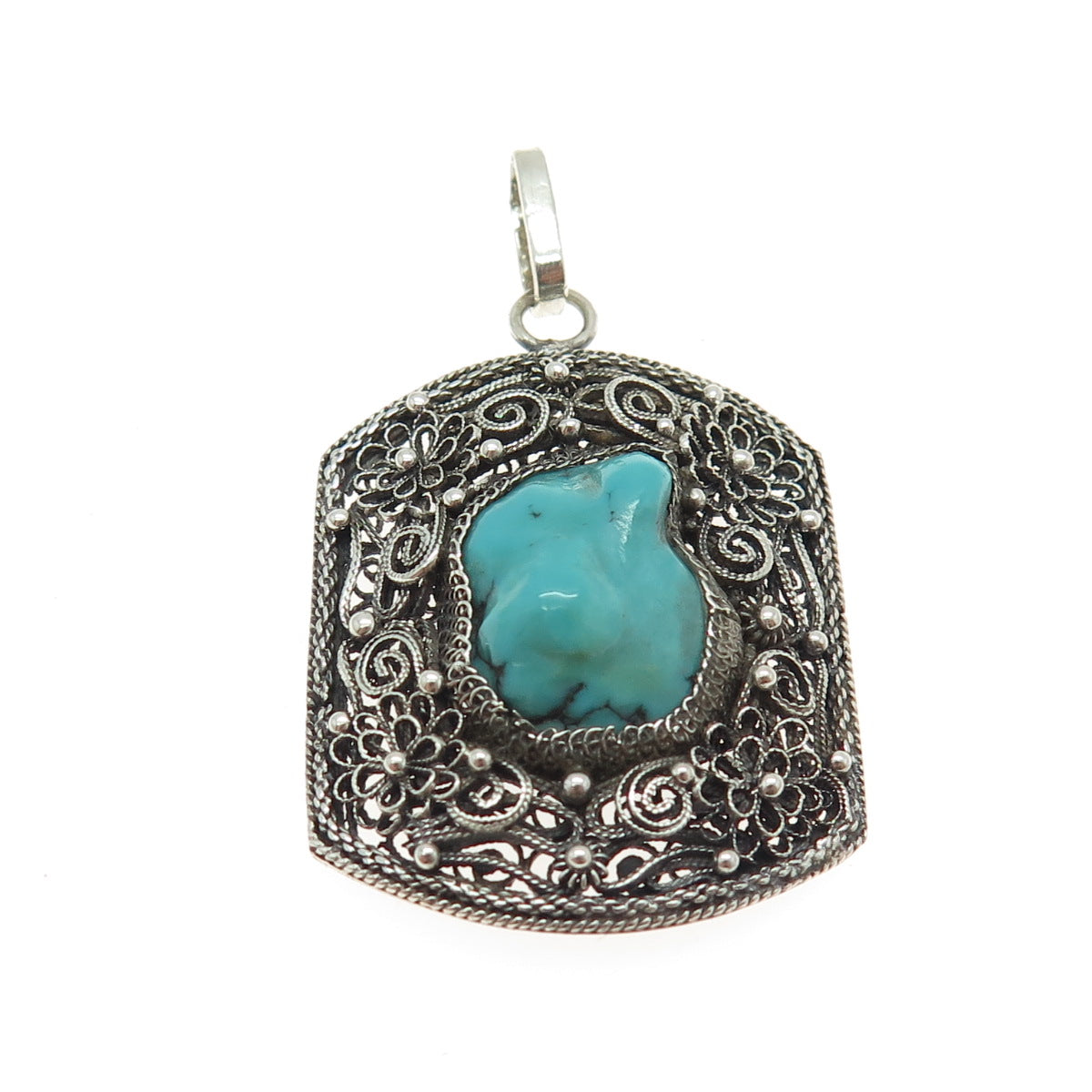 925 Sterling Silver Antique Art Deco Real Turquoise Gem Filigree Floral Pendant