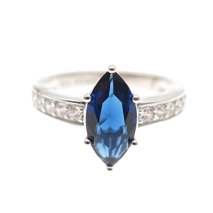 DSMK 925 Sterling Silver Marquise-Cut Blue & Round-Cut White C Z Ring Size 7.25