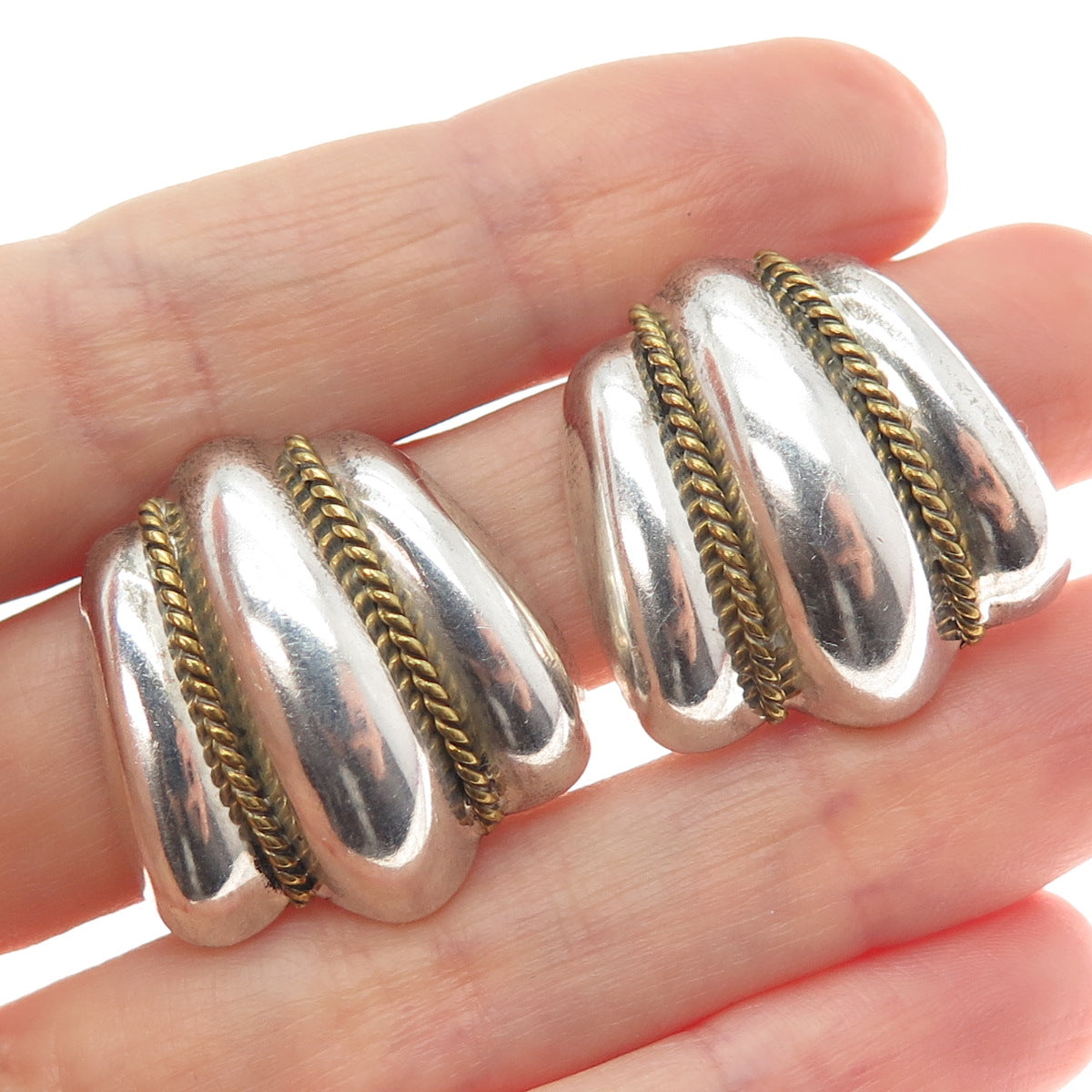 925 Sterling Silver 2-Tone Vintage Mexico Modernist Clip On Earrings