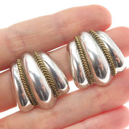 925 Sterling Silver 2-Tone Vintage Mexico Modernist Clip On Earrings