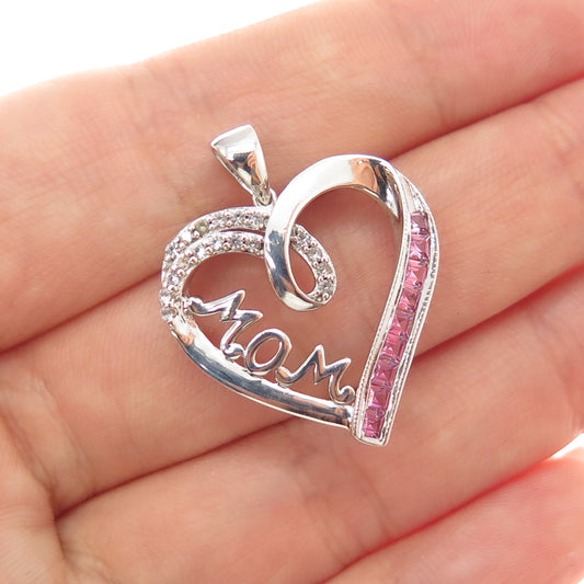 SUN 925 Sterling Silver Real Pink Sapphire & White Topaz Mom Heart Pendant