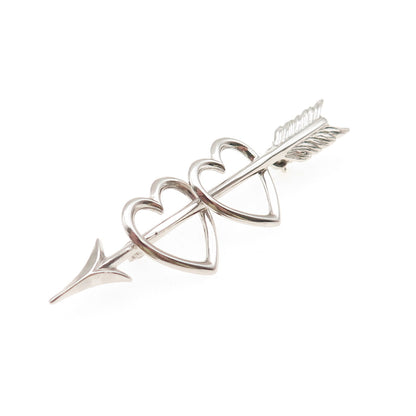 BEAU 925 Sterling Silver Antique Art Deco Couple Heart Arrow Pin Brooch
