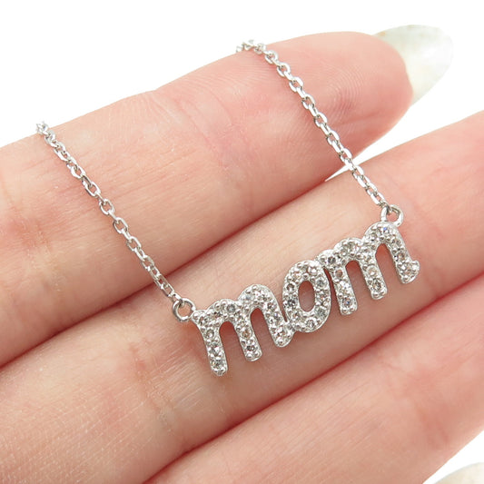 925 Sterling Silver Real Round-Cut Diamond "MOM" Cable Chain Necklace 18"