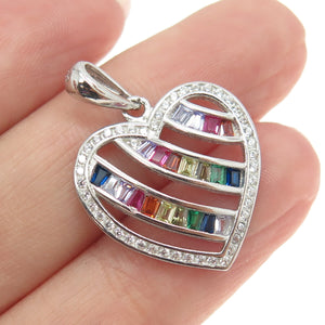 925 Sterling Silver Tapered Baguette & Round-Cut Multi-Color C Z Heart Pendant