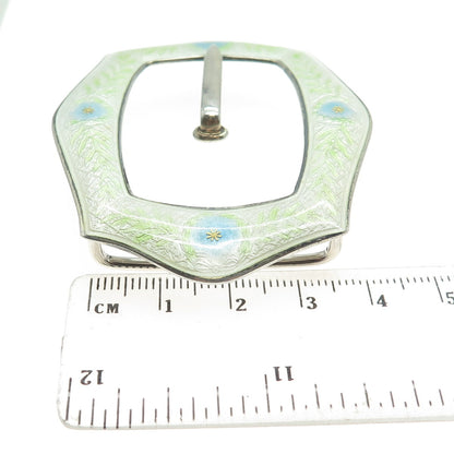 925 Sterling Silver Antique Art Deco Guilloche Enamel Flower Belt Buckle