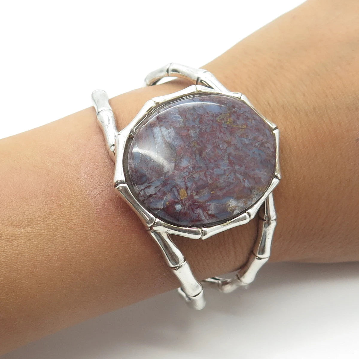 925 Sterling Silver Vintage Real Cabochon Agate Adjustable Cuff Bracelet 6.5"
