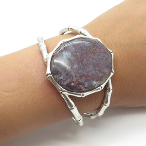 925 Sterling Silver Vintage Real Cabochon Agate Adjustable Cuff Bracelet 6.5"