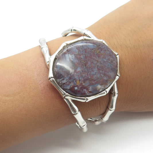 925 Sterling Silver Vintage Real Cabochon Agate Adjustable Cuff Bracelet 6.5"