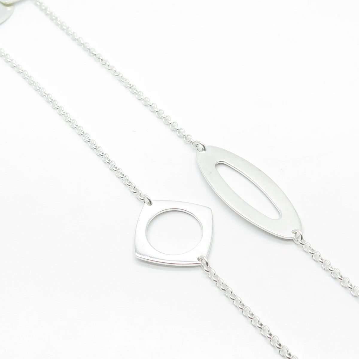 925 Sterling Silver Vintage Geometric Shapes Station Rolo Chain Necklace 32"