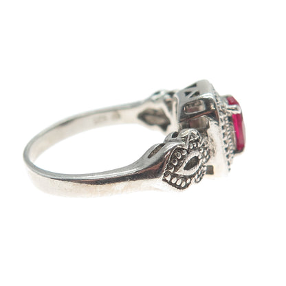 925 Sterling Silver Vintage Real Diamond Accent Lab-Created Ruby Ring Size 8.25