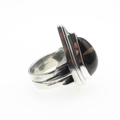 925 Sterling Silver Vintage Real Smoky Quartz Modernist Oxidized Ring Size 7.25