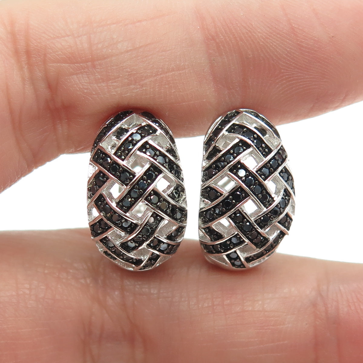 925 Sterling Silver Round-Cut Black C Z Woven Hoop Earrings