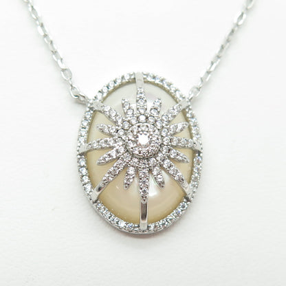 925 Sterling Silver Real MOP & Round-Cut C Z Floral Cable Chain Necklace 16-18"