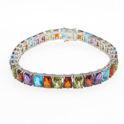 JH Young 925 Sterling Silver Real Radiant-Cut Multi-Color Gem Bracelet 6.5"