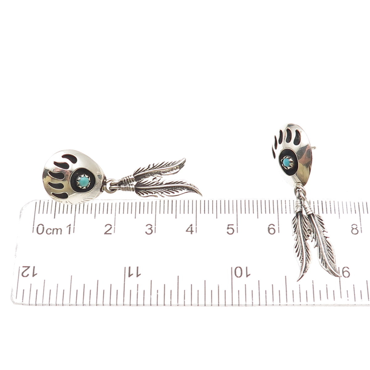 Old Pawn Sterling Silver Vintage Turquoise Snake Eye Bear Paw Feather Earrings