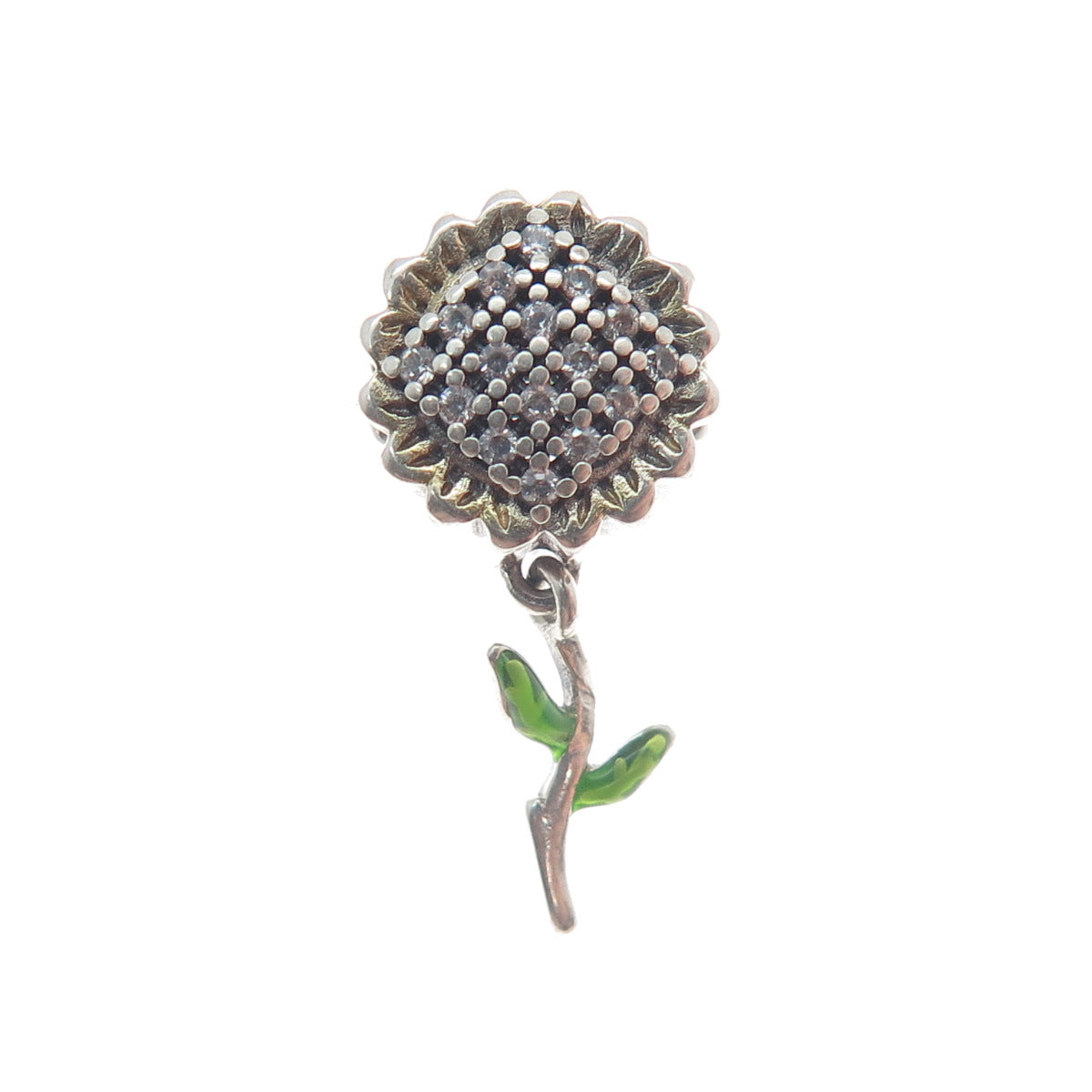 925 Sterling Silver 2-Tone Enamel & C Z Sunflower Dangle Bead Charm
