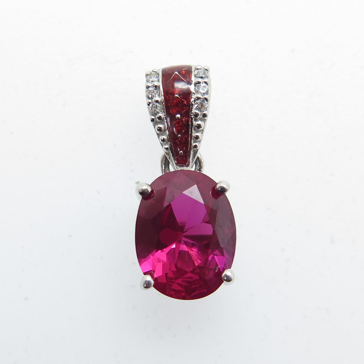 925 Sterling Silver Oval-Cut Lab-Created Ruby C Z & Enamel Pendant