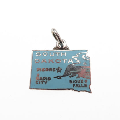 925 Sterling Silver Vintage Enamel South Dakota State Map Mini Charm Pendant