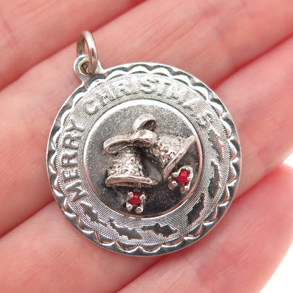 ELCO 925 Sterling Silver Vintage Rhinestone Engraved Merry Christmas Pendant