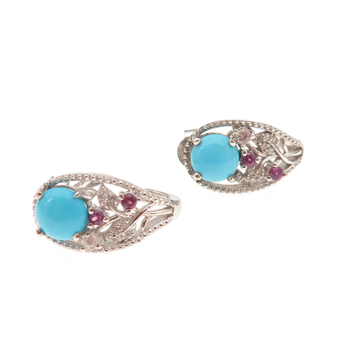 Chuck Clemency 925 Sterling Silver Real Turquoise Amethyst Topaz Floral Earrings