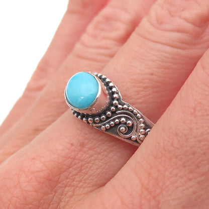 925 Sterling Silver Vintage Real Turquoise Granulated Oxidized Ring Size 8.25